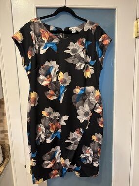 Bar III Black Midi Dress with Blue, Yellow & Gray Floral Print